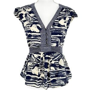 Anthropologie Porridge Navy Cream Silk Floral V Neck Top 6 Cottagecore